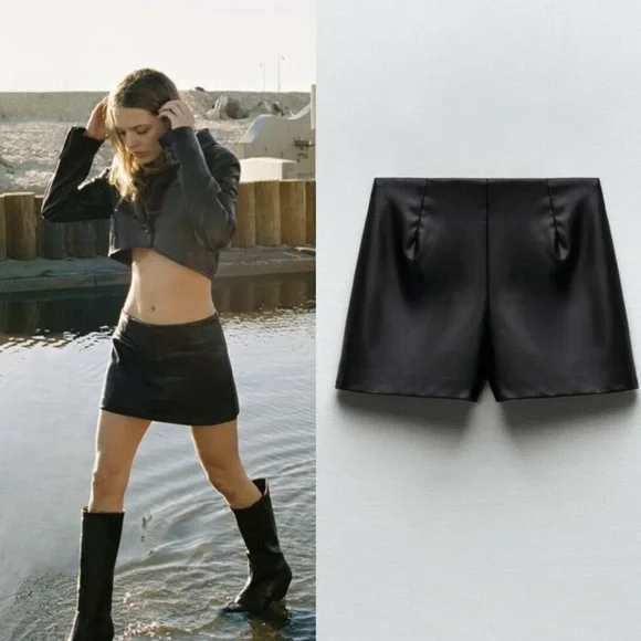 Blogger’s Favorite 🤩 NWT Zara Black Faux Leather Skort - Picture 2 of 7